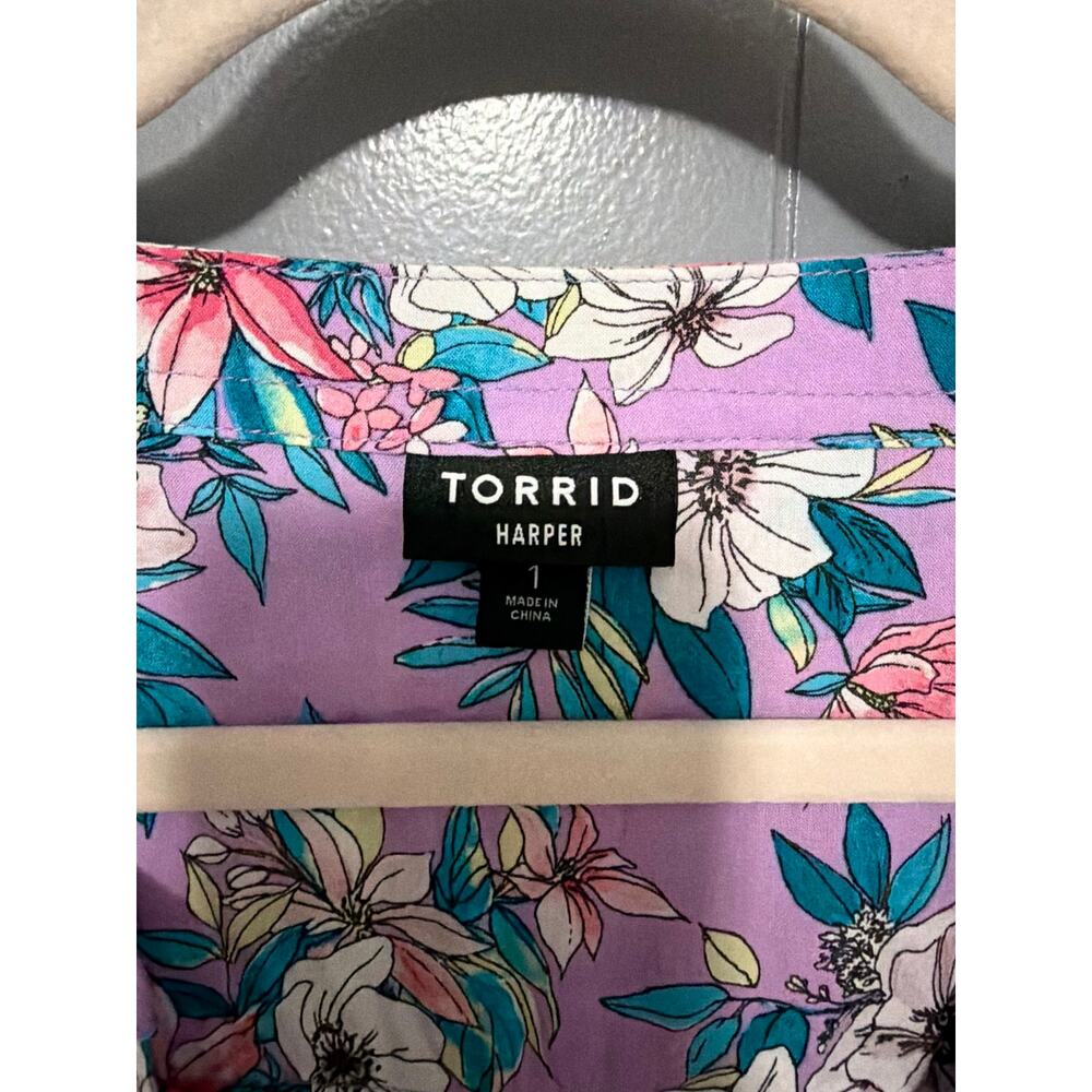 Torrid Challis Floral Purple Harper Pullover Splot Neck Roll Up Sleeves Blouse 1 - Picture 4 of 8